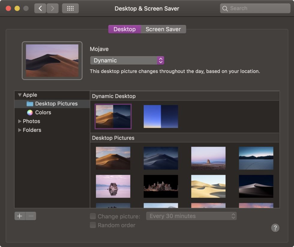 macOS 10.14 Mojave Desktop and Screen Saver Preferences (2018)